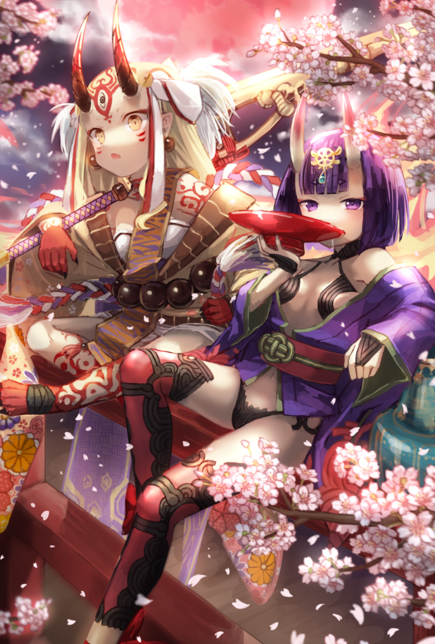 2girls alcohol bare_shoulders blonde_hair breasts cherry_blossoms cup drinking dripping earrings eyebrows_visible_through_hair facial_mark fang fate/grand_order fate_(series) hair_ornament highres holding holding_sword holding_weapon horns ibaraki_douji_(fate/grand_order) japanese_clothes jewelry kimono legs_crossed long_hair looking_at_viewer moon multiple_girls navel oni oni_horns open_mouth petals pointy_ears purple_hair red_moon revealing_clothes sakazuki sake short_hair shuten_douji_(fate/grand_order) sitting sky small_breasts sword tattoo torii violet_eyes weapon yellow_eyes yumeichigo_alice