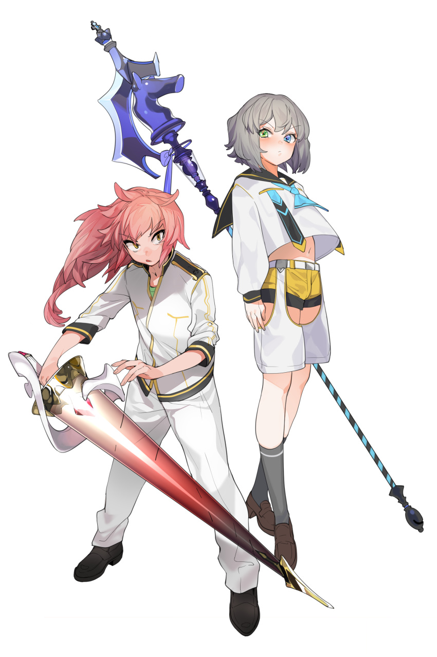 &gt;:( 1boy 1girl absurdres aqua_ascot ascot bangs blue_eyes blush brown_footwear closed_mouth copyright_request eyebrows_visible_through_hair frown green_eyes green_shirt grey_hair grey_legwear heterochromia highres holding holding_spear holding_sword holding_weapon jacket long_hair long_sleeves looking_at_viewer navel pants polearm rapier school_uniform serafuku shirt shoes short_hair shorts socks spear standing sword tongue tongue_out transparent_background weapon white_jacket white_pants white_shirt wntame yellow_eyes yellow_shorts