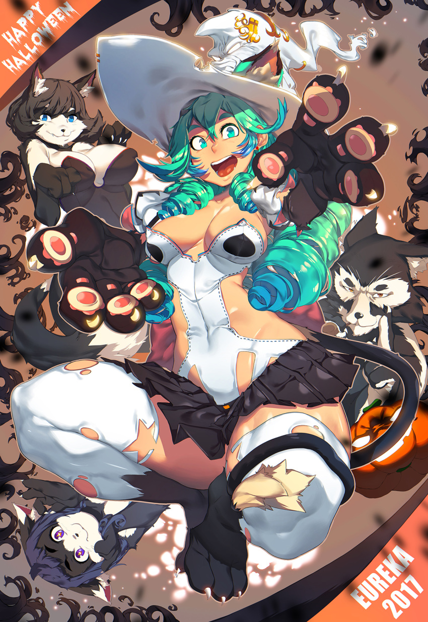 1boy 3girls animal_ears black_hair blue_eyes breasts bustier cleavage covered_navel drill_hair eureka_brider fang furry gloves green_eyes green_hair halloween halloween_costume happy_halloween hat highres jumping large_breasts living_clothes long_hair multiple_girls open_mouth original outstretched_hand paw_gloves paw_pose paw_shoes paws pipe pipe_in_mouth reaching_out revealing_clothes ringlets shoes short_eyebrows smile smoking snout solo_focus strapless tail thick_eyebrows thigh-highs thighs torn_clothes torn_thighhighs violet_eyes white_legwear witch_hat wolf_ears wolf_girl wolf_tail