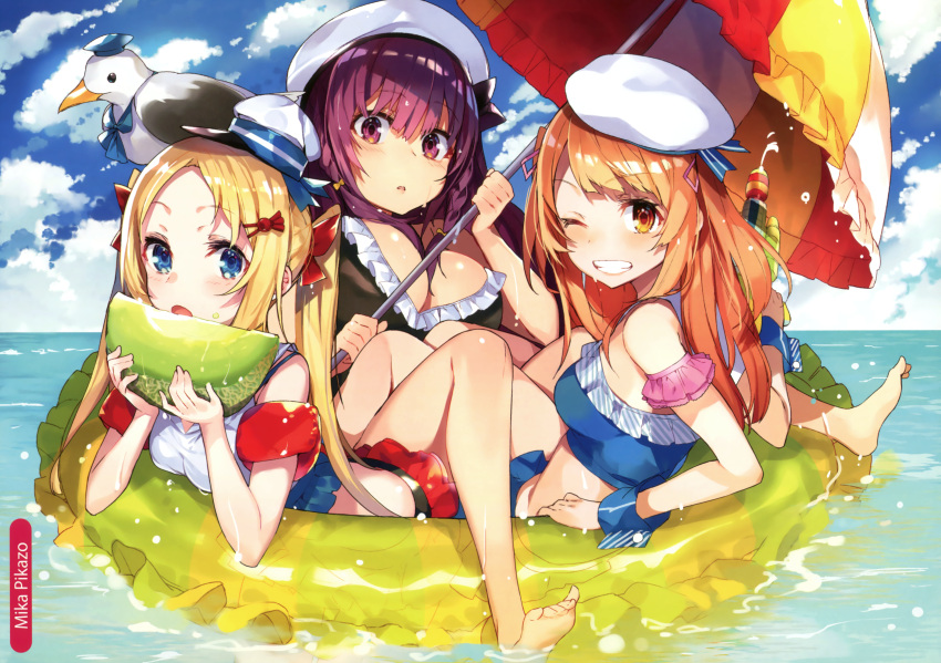 3girls :o ;) absurdres artist_name bangs bare_legs barefoot beret bikini bird blonde_hair blue_bikini blue_eyes blue_sky blush bow breasts brown_eyes brown_hair clouds cloudy_sky day eating eyebrows_visible_through_hair feet food food_on_face forehead fruit grin hair_between_eyes hair_bow hands_up hat highres holding holding_food holding_fruit holding_umbrella horizon innertube large_breasts looking_at_viewer lying melon melonbooks mika_pikazo multiple_girls ocean on_back on_stomach one_eye_closed open_mouth original parted_lips purple_hair red_bow sailor_bikini sailor_collar scan seagull sidelocks sitting sky small_breasts smile soles swimsuit twintails umbrella violet_eyes