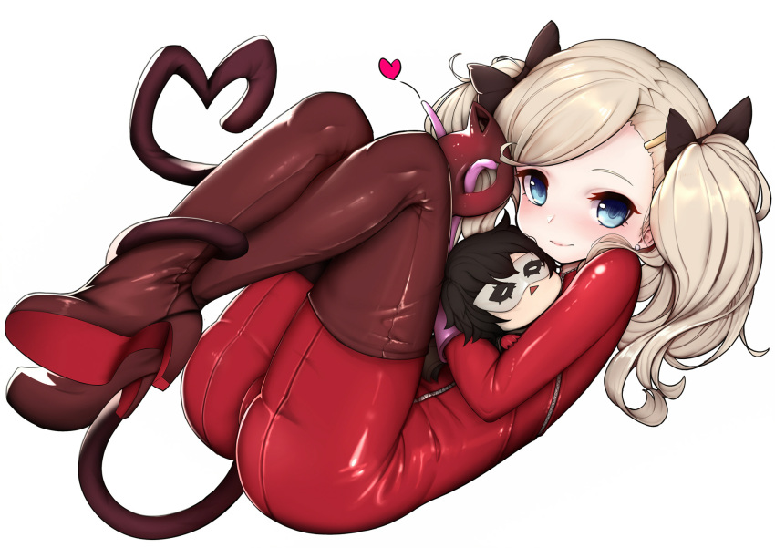 10s 1girl ass black_bow black_hair blonde_hair blue_eyes blush bodysuit boots bow brown_footwear doll domino_mask earrings gloves hair_bow heart high_heels highres holding jewelry kiyomasa_ren knees_on_chest knees_to_chest legs_crossed looking_at_viewer lying mask mask_removed on_back persona persona_5 pink_gloves red_bodysuit shiny shiny_hair simple_background smile solo tail takamaki_anne thigh-highs thigh_boots twintails white_background zipper