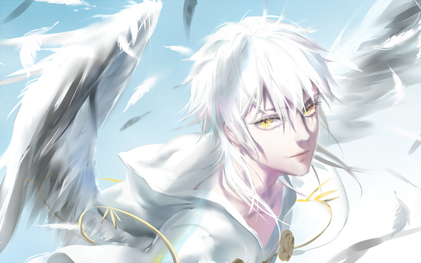 10s 1boy angel_wings blue_background blue_sky closed_mouth commentary_request feathered_wings highres hood hoodie looking_at_viewer looking_to_the_side male_focus qidai sky smile solo touken_ranbu tsurumaru_kuninaga white_hair white_hoodie white_wings wings yellow_eyes