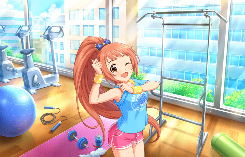 1girl artist_request blush brown_eyes idolmaster idolmaster_cinderella_girls idolmaster_cinderella_girls_starlight_stage indoors jpeg_artifacts long_hair looking_at_viewer official_art one_eye_closed open_mouth orange_hair outside_border ponytail shorts solo source_request star sweat very_long_hair wakabayashi_tomoka weights wristband