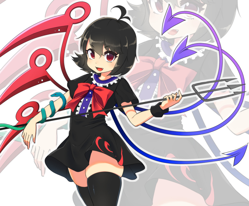 1girl :d antenna_hair asymmetrical_wings bangs black_dress black_hair black_legwear blue_wings bow bowtie buttons cowboy_shot dress dress_lift eyebrows eyebrows_visible_through_hair eyelashes facing_away fang fingernails flat_chest frilled_dress frills hair_between_eyes holding holding_weapon houjuu_nue ja_(artist) legs_together long_fingernails looking_at_viewer multiple_wings open_mouth outline polearm puffy_short_sleeves puffy_sleeves red_bow red_eyes red_neckwear red_wings shiny shiny_hair short_dress short_hair short_sleeves simple_background skindentation smile snake solo standing thigh-highs tongue touhou trident weapon white_background white_outline wind wind_lift wings wristband zettai_ryouiki zoom_layer