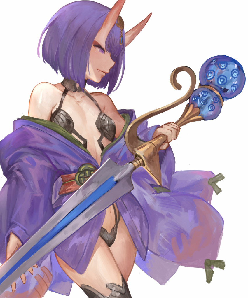 1girl absurdres akizone bangs bare_shoulders bob_cut breasts choker collarbone commentary cowboy_shot evil_smile eyebrows_visible_through_hair eyelashes fang fate/grand_order fate_(series) gem hair_ornament highres holding holding_sword holding_weapon horns japanese_clothes kimono long_sleeves looking_at_viewer obi oni oni_horns parted_lips profile purple_hair revealing_clothes sash short_hair shuten_douji_(fate/grand_order) simple_background small_breasts smile solo sword thigh-highs violet_eyes weapon white_background wide_sleeves