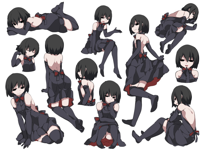 1girl :o bangs bare_shoulders black_dress black_eyes black_hair black_legwear black_ribbon closed_mouth crossed_arms dress from_behind from_side hammer_(sunset_beach) legs_up looking_at_viewer lying monogatari_(series) multiple_views neck_ribbon no_shoes on_side on_stomach open-back_dress oshino_ougi parted_lips ribbon short_hair simple_background sitting smile smug standing thigh-highs white_background