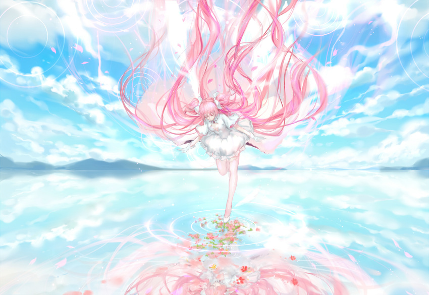 1girl absurdly_long_hair bangs blue_sky bow closed_mouth clouds cloudy_sky commentary dress flower gloves goddess_madoka hair_bow highres horizon kaname_madoka lake long_hair magical_girl mahou_shoujo_madoka_magica mountain outdoors pink_hair puffy_short_sleeves puffy_sleeves qidai reflection scenery shoes short_sleeves sky solo standing standing_on_one_leg twintails very_long_hair water_surface white_dress white_gloves white_shoes