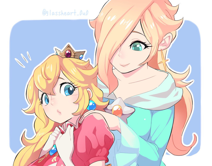 2girls bare_shoulders blonde_hair blue_eyes breasts crown dress earrings hair_over_one_eye jewelry long_hair looking_at_viewer super_mario_bros. multiple_girls princess_peach rosetta_(mario) smile super_mario_bros. super_mario_galaxy