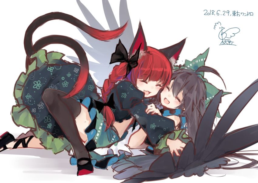 2girls :3 :d ^_^ ahoge animal_ears artist_name black_bow black_footwear black_hair black_legwear black_wings blush bow braid cat_ears cat_tail closed_eyes commentary_request dated dress glomp green_bow green_dress hair_bow hug juliet_sleeves kaenbyou_rin knee_up long_sleeves lying mary_janes multiple_girls multiple_tails on_back open_mouth puffy_sleeves redhead reiuji_utsuho shadow shoes signature simple_background sketch smile tail thigh-highs touhou toutenkou translated twintails two_tails white_background wings yuri zettai_ryouiki