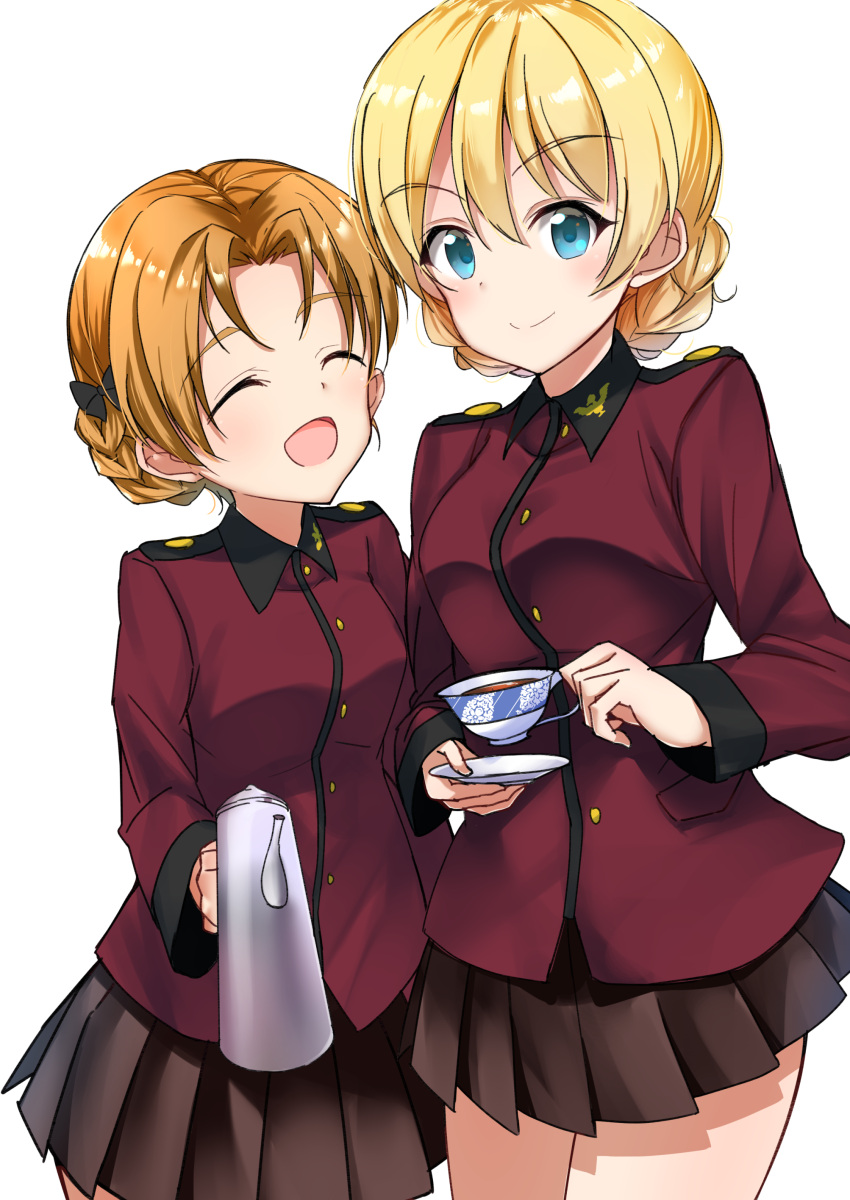 2girls absurdres bangs black_bow black_skirt blonde_hair blue_eyes bow braid closed_mouth cowboy_shot cup darjeeling epaulettes eyebrows_visible_through_hair facing_another girls_und_panzer hair_bow highres holding jacket long_sleeves looking_at_viewer military military_uniform miniskirt multiple_girls open_mouth orange_hair orange_pekoe parted_bangs pleated_skirt red_jacket sakimaru saucer short_hair skirt smile st._gloriana's_military_uniform standing tea teacup teapot tied_hair twin_braids uniform