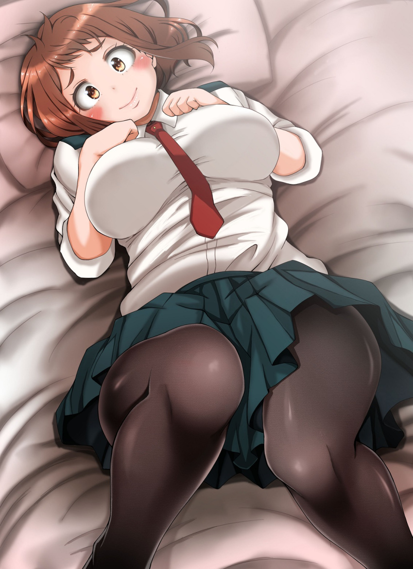 1girl adahcm bed_sheet black_legwear blush blush_stickers boku_no_hero_academia breasts brown_eyes brown_hair collared_shirt hands_on_own_chest highres large_breasts looking_at_viewer lying on_back on_bed pantyhose pleated_skirt red_neckwear school_uniform shirt short_hair skirt smile solo uraraka_ochako