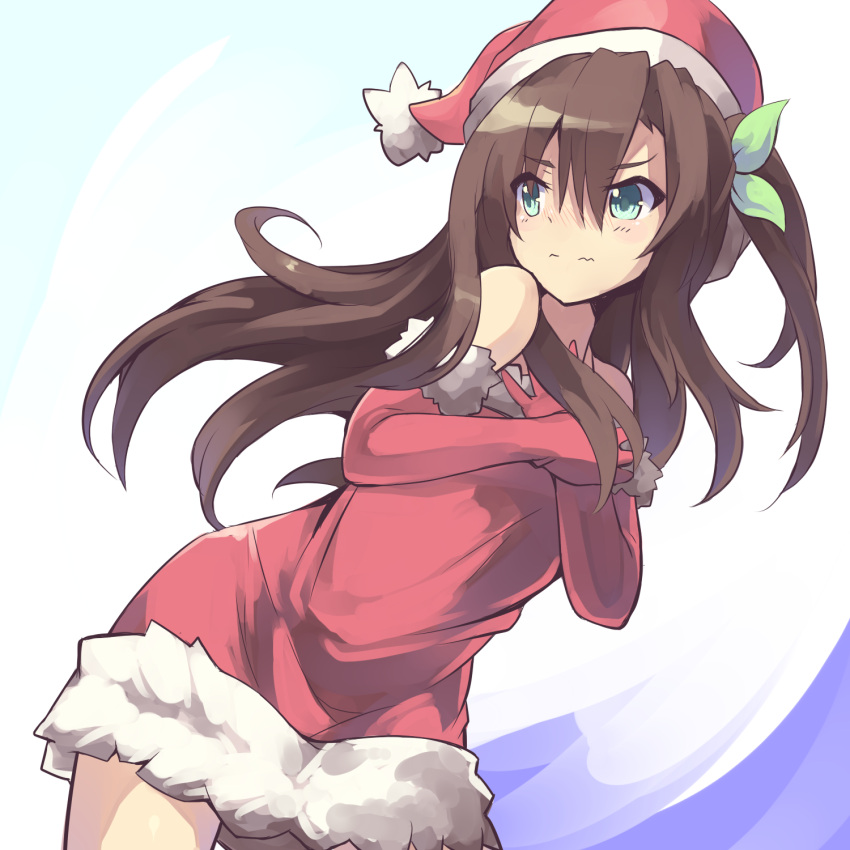 1girl bare_shoulders blush bow brown_hair christmas green_eyes hair_between_eyes hair_bow hair_ornament hands_on_own_chest hat highres if_(choujigen_game_neptune) long_hair neptune_(series) normaland santa_costume santa_hat solo wavy_mouth