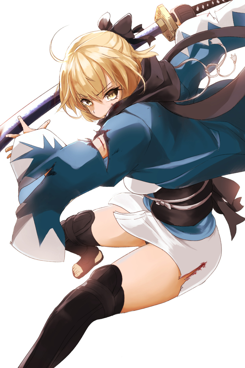 &gt;:( 1girl ahoge black_bow black_panties black_scarf blonde_hair bow closed_mouth cowboy_shot cuts fate/grand_order fate_(series) hair_bow haori highres holding holding_sword holding_weapon injury japanese_clothes katana kimono koha-ace long_sleeves looking_at_viewer obi panties pantyshot pantyshot_(standing) sakura_saber sash scarf shirokuma1414 short_kimono solo standing sword toeless_legwear underwear weapon white_kimono wide_sleeves yellow_eyes