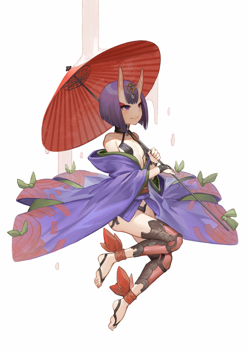 1girl absurdres akizone ankle_ribbon bangs bare_shoulders barefoot bob_cut choker commentary eyelashes fang fate/grand_order fate_(series) from_side full_body gem hair_ornament highres holding holding_umbrella horns japanese_clothes kimono long_sleeves looking_at_viewer obi off_shoulder oni oni_horns oriental_umbrella purple_hair ribbon sash short_hair shuten_douji_(fate/grand_order) simple_background smile solo umbrella violet_eyes white_background wide_sleeves