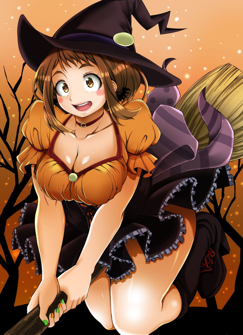 1girl adahcm blush blush_stickers boku_no_hero_academia boots bow breasts broom brown_eyes brown_hair choker cleavage collarbone corset dress earrings frills full_body halloween halloween_costume hat highres jewelry large_breasts looking_at_viewer open_mouth puffy_short_sleeves puffy_sleeves short_hair short_sleeves skirt smile solo tree uraraka_ochako witch witch_hat