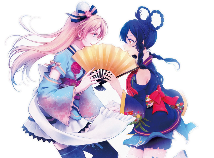 2girls :d alternate_costume alternate_hairstyle angelic_angel ayase_eli bangs bare_shoulders black_hair black_legwear blonde_hair blue_clothes blue_eyes blue_kimono braid collaboration commentary_request couple detached_sleeves eye_contact face-to-face fan female floating_hair flower folding_fan from_side grin hair_ornament hair_ribbon hair_rings japanese_clothes kimono long_hair looking_at_another love_live! love_live!_school_idol_project multiple_girls mutual_yuri obi open_mouth parted_lips ribbon sash smile sonoda_umi suito thigh-highs twin_braids white_legwear yellow_eyes yukiiti yuri
