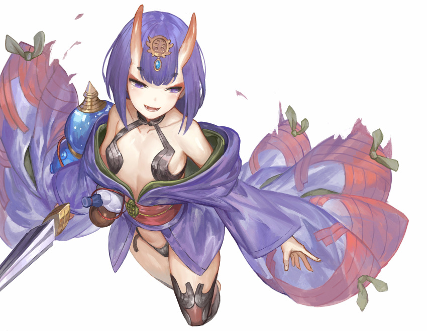 1girl :d absurdres akizone bangs bare_shoulders bob_cut bottle breasts choker collarbone commentary eyelashes fangs fate/grand_order fate_(series) from_above gem hair_ornament highres holding holding_sword holding_weapon horns japanese_clothes kimono long_sleeves obi off_shoulder oni oni_horns open_mouth outstretched_arm purple_hair revealing_clothes sash short_hair shuten_douji_(fate/grand_order) simple_background small_breasts smile solo sword teeth thigh-highs violet_eyes weapon white_background wide_sleeves