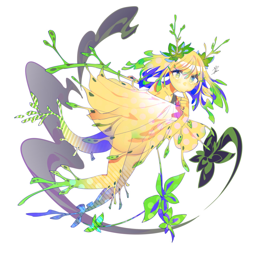 1girl bare_shoulders blonde_hair blush collarbone dress finger_sucking full_body gradient_hair green_hair hair_between_eyes highres looking_at_viewer monster_girl multicolored_hair no_feet original see-through solo transparent_background wntame yellow_dress yellow_skin