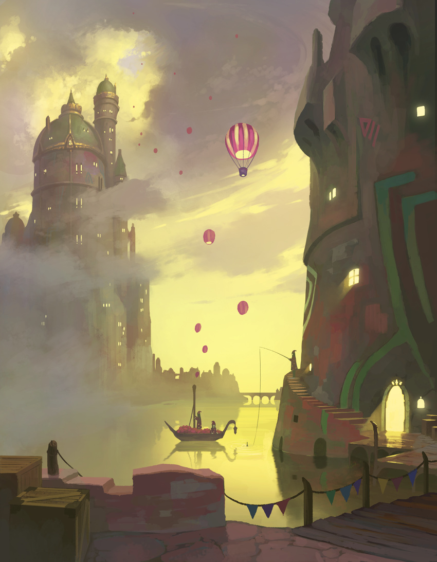 ambiguous_gender balloon bridge castle commentary_request crate doora_(dora0913) fantasy fishing fishing_rod fog gondola hat highres lake original outdoors reflection scenery stairs standing tower water_surface yellow_sky