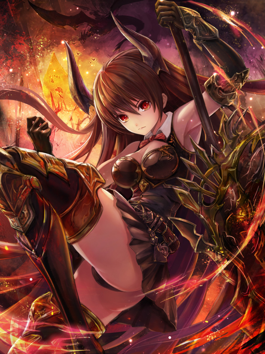 10s 1girl arm_guards armor armored_boots armpits arms_at_sides belt bent_elbow bent_knee black_skirt boots breasts brown_hair cleavage commentary_request demon_horns dragon elbow_gloves forte_(shingeki_no_bahamut) gloves granblue_fantasy highres holding holding_weapon horns leg_up long_hair medium_breasts panties pantyshot pleated_skirt red_eyes saya_kuroha shingeki_no_bahamut shiny shiny_skin skirt sleeveless solo standing standing_on_one_leg thigh-highs thigh_boots thighs underwear weapon zettai_ryouiki