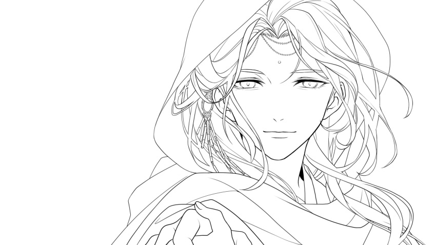 1boy bangs bindi close-up closed_mouth commentary_request face facial_mark forehead_mark gem greyscale hair_ornament highres hood hood_up lineart looking_at_viewer male_focus monochrome parted_bangs scarf shi_er_xian simple_background smile solo white_background work_in_progress