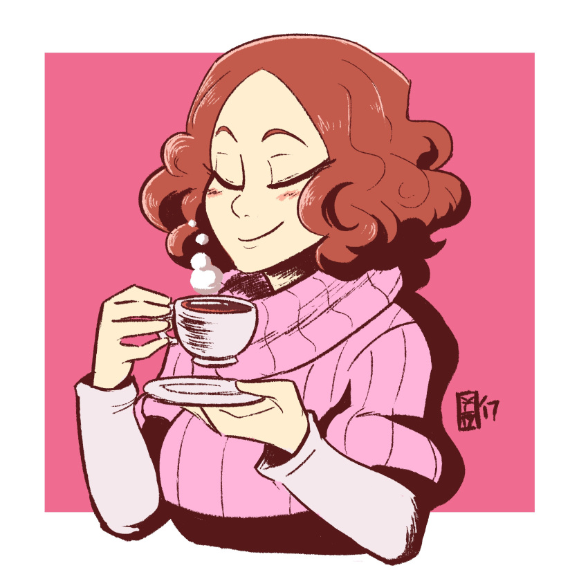10s 1girl absurdres blush brown_hair closed_eyes cup highres long_sleeves okumura_haru persona persona_5 pink_background ribbed_sweater saucer scruffyturtles solo steam sweater teacup turtleneck turtleneck_sweater