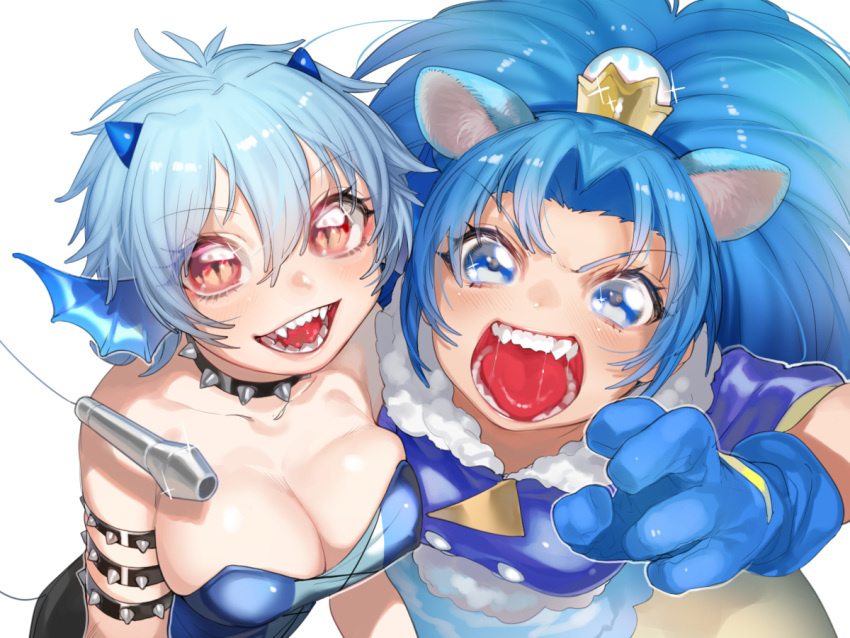 2girls :d animal_ears bangs black_neckwear blue_dress blue_eyes blue_gloves blue_leotard breasts choker crown cure_gelato dress eyebrows_visible_through_hair fur_trim gloves hair_between_eyes horns kirakira_precure_a_la_mode large_breasts leotard long_hair mermaid_melody_pichi_pichi_pitch microphone mini_crown multiple_girls open_mouth parted_bangs precure red_eyes saliva sharp_teeth short_hair simple_background slit_pupils smile spiked_armlet spiked_choker tategami_aoi teeth white_background wntame