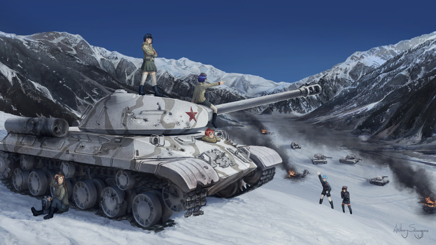 anthony_scroggins_(shimmering_sword) boots cold commentary damaged girls_und_panzer glasses ground_vehicle hat helmet is-3 jacket military military_uniform military_vehicle motor_vehicle mountain multiple_girls original realistic skirt snow tank uniform world_of_tanks