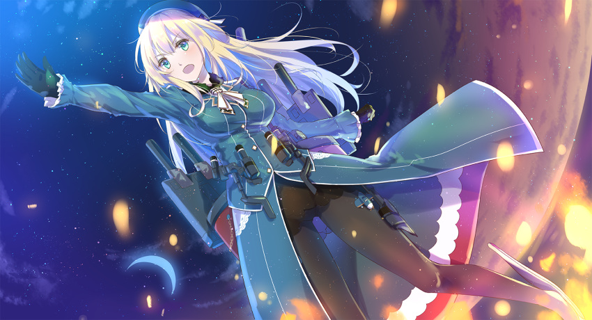 atago_(kantai_collection) beret black_gloves black_legwear blonde_hair breasts cannon gloves green_eyes hat kantai_collection katee large_breasts long_hair long_sleeves military military_uniform night night_sky open_mouth outdoors pantyhose rigging skirt sky turret uniform