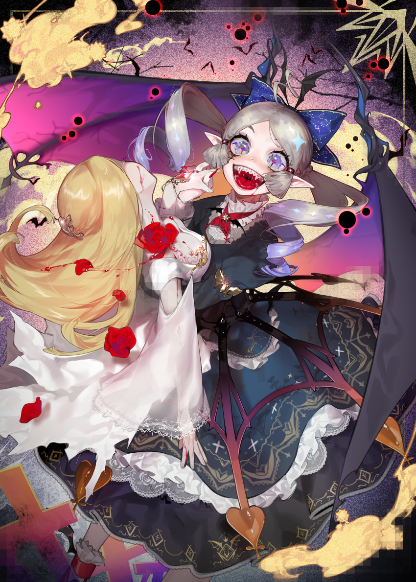 2girls absurdres bat bat_wings bleeding blonde_hair blood blood_drip blue_dress blue_eyes breasts dress drill_hair facing_away fang fantasy fingernails flower frilled_skirt frills grey_hair highres horror interlocked_fingers large_breasts long_hair long_sleeves looking_at_viewer multiple_girls nail_polish open_mouth original pointy_ears red_nails red_shoes rose sharp_fingernails shoes skirt spread_wings symbol_in_eye twin_drills vampire white_dress wide_sleeves wings wntame