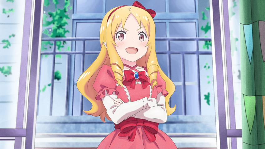 1girl blonde_hair bow bowtie brown_eyes crossed_arms dress drill_hair eromanga_sensei fury_(leo) hair_bow hairband highres long_hair looking_at_viewer pink_dress pointy_ears red_bow red_bowtie red_hairband shirt solo standing twin_drills upper_body white_shirt yamada_elf