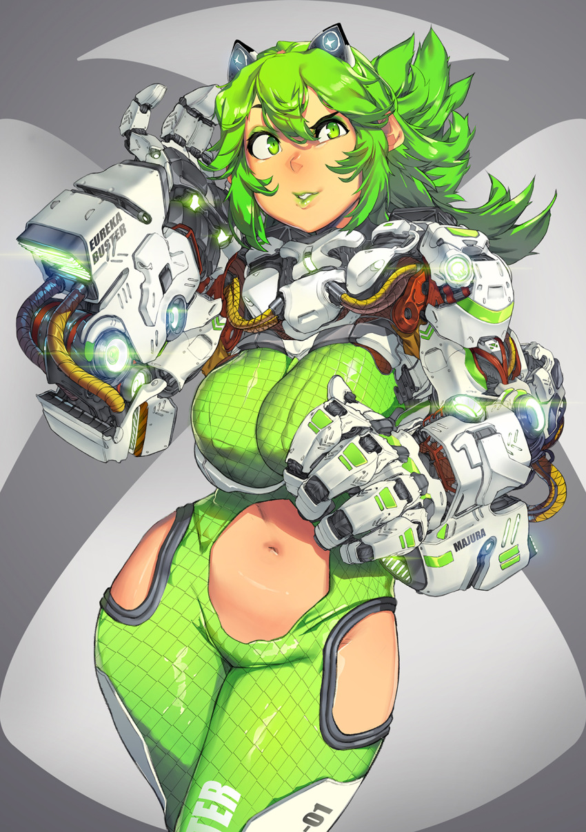 1girl animal_ears bodysuit breasts cat_ears contrapposto eureka_brider eyeshadow fake_animal_ears game_console green green_bodysuit green_eyes green_hair green_lipstick highres hip_vent large_breasts lipstick long_hair makeup mechanical_arms messy_hair microsoft navel navel_cutout neon_trim os-tan personification ponytail skin_tight solo standing xbox_one xbox_one_(personification)