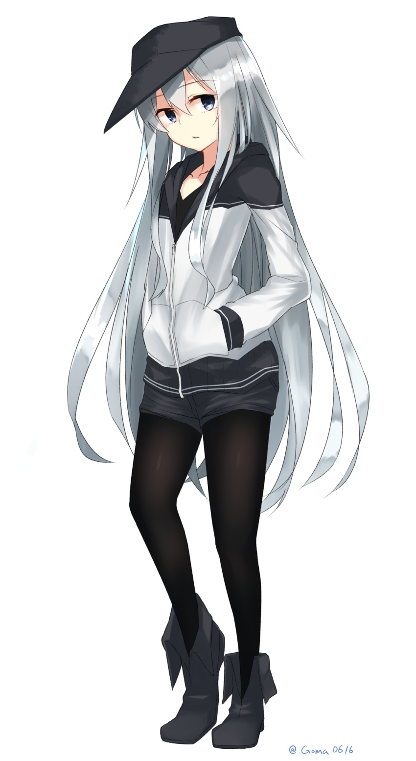 10s 1girl alternate_costume black_footwear black_hat black_legwear black_shorts blue_eyes collarbone dated eyebrows_visible_through_hair full_body goma0616 hair_between_eyes hands_in_pockets hat hibiki_(kantai_collection) highres kantai_collection long_hair looking_at_viewer pantyhose_under_shorts parted_lips shoes short_shorts shorts signature silver_hair simple_background solo standing sweater very_long_hair visor_cap white_background white_sweater