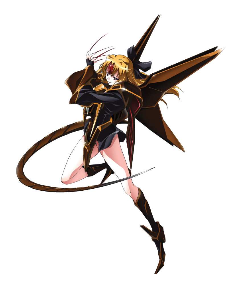 1girl armor armored_boots blonde_hair boots detached_sleeves facial_mark fingernails forehead_mark full_body highres lacress long_fingernails long_hair official_art orichalcum_reycal orichalcum_reycal_duo simple_background solo tail tsunashima_shirou violet_eyes white_background