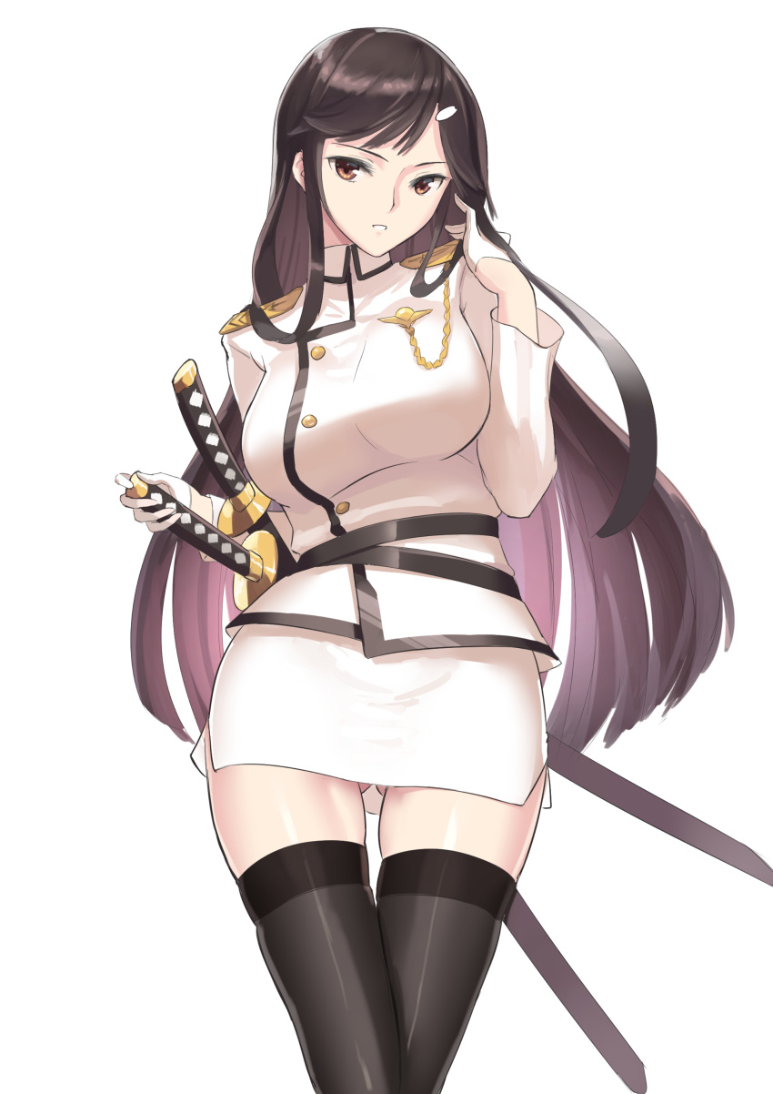 1girl absurdres black_hair black_legwear breasts brown_eyes buttons ccjn commentary_request gloves hair_ornament hairclip highres katana large_breasts long_hair long_sleeves looking_at_viewer military military_uniform original simple_background solo sword thigh-highs uniform weapon white_background white_gloves