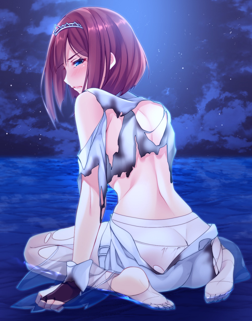 10s 1girl ark_royal_(kantai_collection) black_gloves blue_eyes blush embarrassed fingerless_gloves gloves hairband highres imachireki kantai_collection ocean pantyhose redhead short_hair solo tiara torn_clothes torn_pantyhose wariza white_legwear