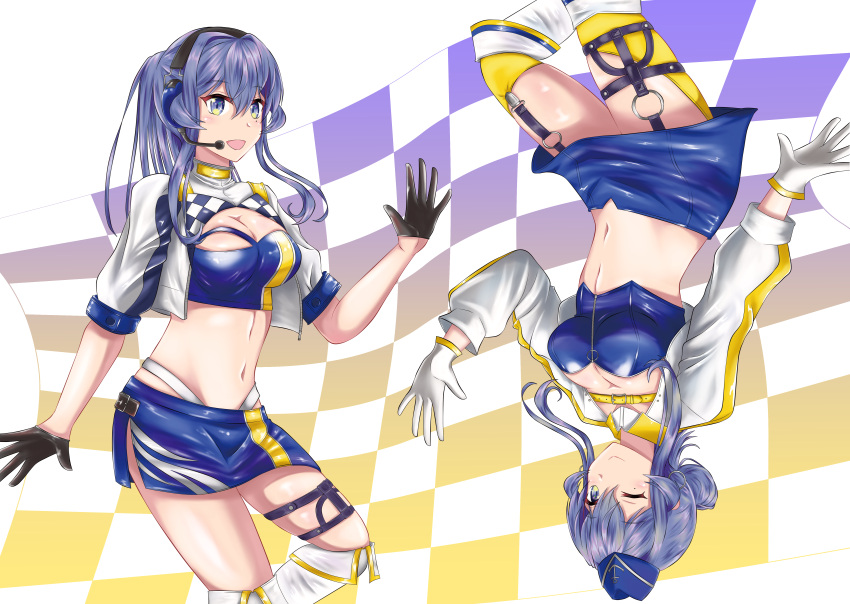 1girl absurdres bandeau black_gloves blue_bandeau blue_bustier blue_eyes blue_hair blue_headwear blue_skirt breasts bustier checkered_background checkered_clothes cleavage cowboy_shot crop_top cropped_jacket garrison_cap garter_straps gloves gotland_(kancolle) gotland_(kantai_collection) hair_bun half_gloves hat headphones headset highleg highleg_panties highres jacket kantai_collection large_breasts long_hair looking_at_viewer microphone midriff miniskirt mole mole_under_eye multicolored_clothes multicolored_legwear multiple_views nipa_(graf_xsr900) official_alternate_costume panties ponytail racequeen single_hair_bun skirt thigh-highs underwear white_jacket white_panties