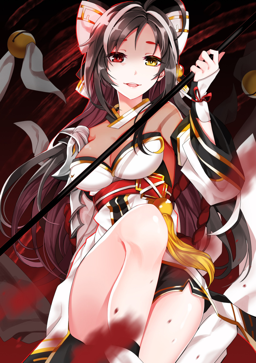 1girl :d ara_han ara_han_(celestial_fox) black_hair bow breasts cleavage elsword hair_bow hamericano heterochromia highres holding holding_weapon long_hair medium_breasts open_mouth red_eyes red_ribbon ribbon smile solo very_long_hair weapon white_bow yellow_eyes