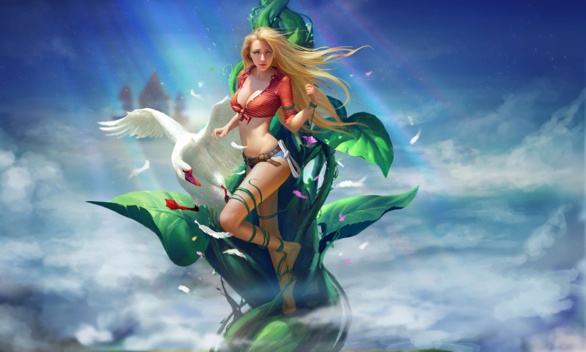 1girl absurdres animal barefoot belt belt_buckle bird blonde_hair blue_eyes breasts buckle character_request cleavage clouds collarbone copyright_request erect_nipples feathers flower goose hand_up highres leaf li_fengyang long_hair looking_at_viewer medium_breasts navel open_clothes outdoors petals plaid plaid_shirt plant restrained rope shirt solo swan tears torn_clothes vines wavy_hair