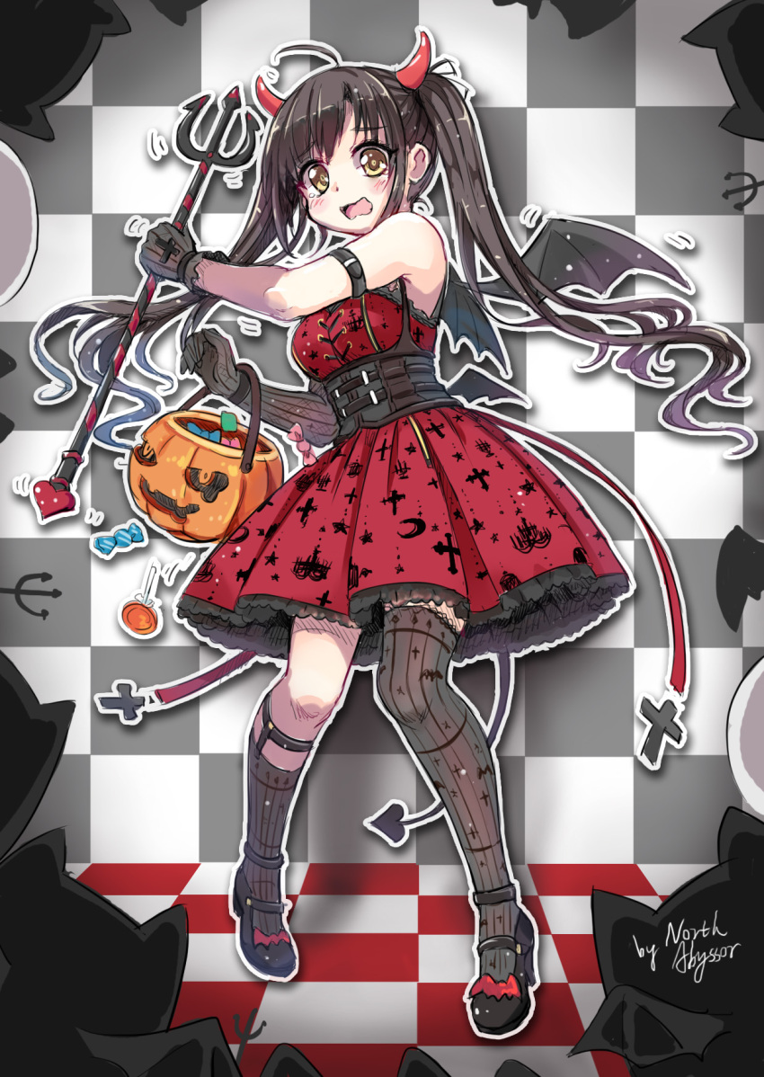 ahoge angelic_pretty arm_strap asymmetrical_legwear bangs bat black_footwear black_gloves black_hair blush brown_eyes bucket candy checkered checkered_background corset cross_print demon_horns demon_tail demon_wings dress food gloves halloween highres horns jack-o'-lantern kneehighs lolita_fashion lollipop long_hair mary_janes north_abyssor open_mouth original outline polearm print_dress red_dress scared shoes signature single_kneehigh single_thighhigh sketch sock_garters standing striped striped_legwear tail tears thigh-highs trapped trident twintails vertical-striped_legwear vertical_stripes wavy_mouth weapon white_outline wings
