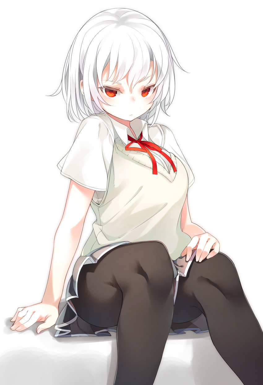 1girl absurdres akira_(tsunekichi) bangs black_legwear blouse blush breasts closed_mouth expressionless grey_skirt hair_between_eyes hand_on_own_chest highres knees large_breasts looking_at_viewer original pantyhose pleated_skirt psd_available red_eyes school_uniform short_hair short_sleeves simple_background sitting skirt solo sweater_vest thighs tsunekichi tsurime white_background white_blouse white_hair