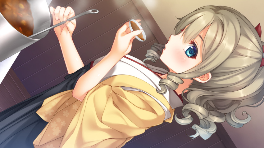 10s 1girl blonde_hair blue_eyes blue_skirt blush bow commentary_request cooking drill_hair dutch_angle food hair_bow hatakaze_(kantai_collection) highres holding holding_plate imachireki indoors japanese_clothes kantai_collection kimono ladle lips looking_at_viewer looking_to_the_side parted_lips plate ponytail pot skirt solo steam wide_sleeves yellow_kimono