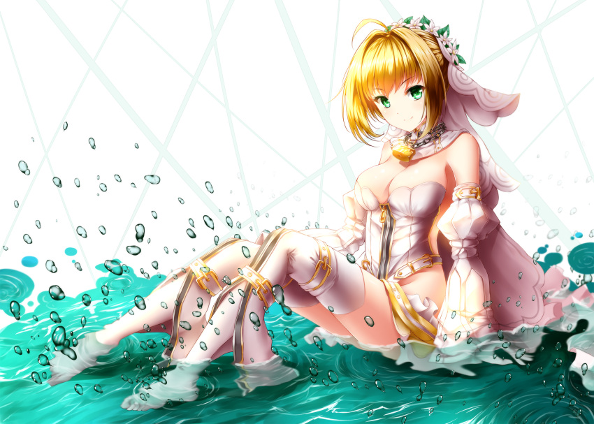 1girl ahoge barefoot belt_buckle blonde_hair breasts bridal_veil buckle chains cleavage commentary detached_collar detached_sleeves fate/extra fate/extra_ccc fate_(series) flower green_eyes groin hair_intakes highres knees_up leg_belt leotard lock looking_at_viewer medium_breasts partially_submerged puffy_detached_sleeves puffy_sleeves saber_bride saber_extra short_hair sitting smile solo thigh-highs v-shaped_eyebrows veil water water_drop white_legwear white_leotard wreath wsman zipper