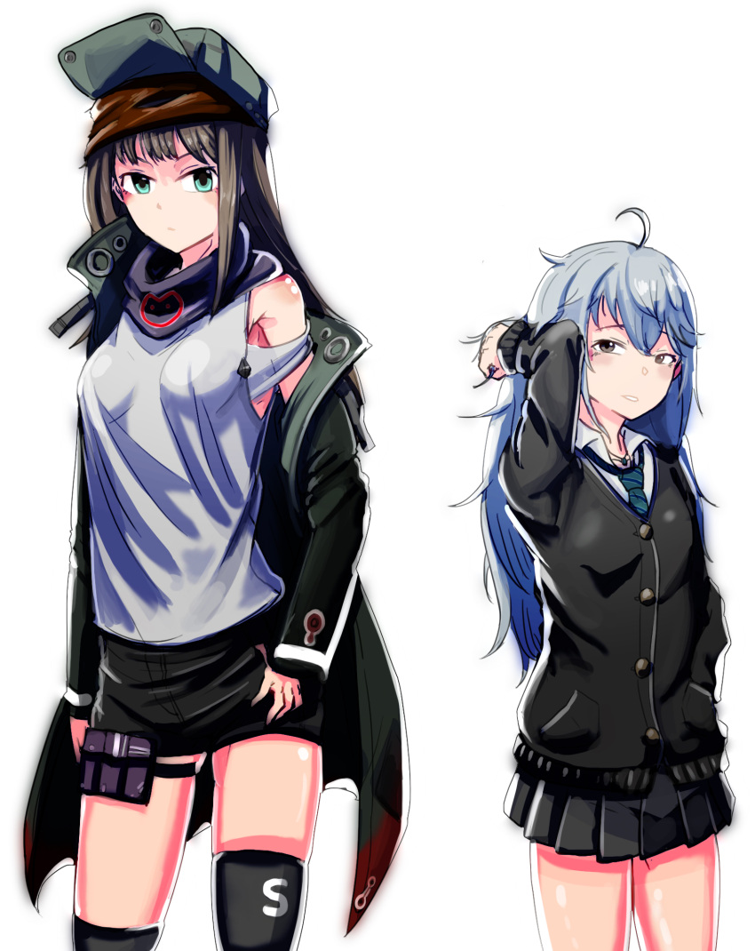 2girls ahoge black_hair blue_eyes cosplay g11_(girls_frontline) g11_(girls_frontline)_(cosplay) ghgnvm girls_frontline grey_eyes hat highres idolmaster idolmaster_cinderella_girls looking_at_viewer messy_hair multiple_girls school_uniform seiyuu_connection shibuya_rin shibuya_rin_(cosplay) shorts silver_hair skirt