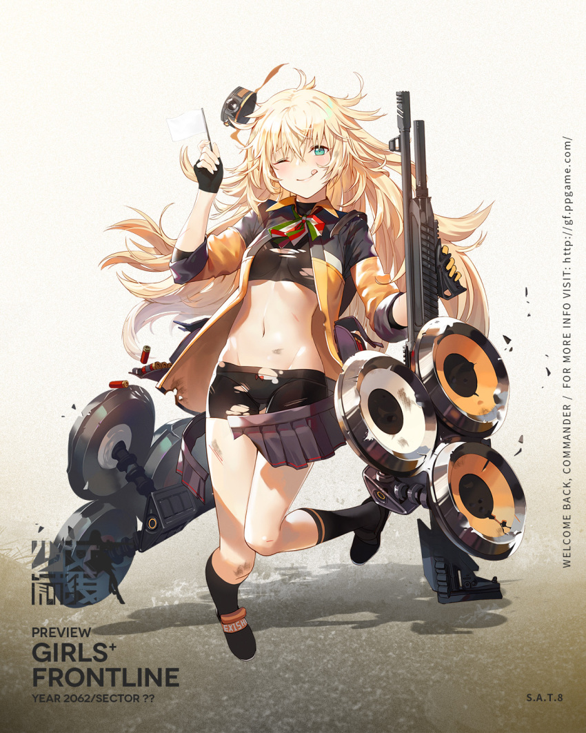 1girl ;q bangs bike_shorts black_footwear black_gloves black_legwear black_skirt blonde_hair blue_eyes blush breasts character_name closed_mouth copyright_name eyebrows_visible_through_hair fingerless_gloves full_body girls_frontline gloves gun hair_between_eyes hand_up highres holding holding_gun holding_weapon jacket kneehighs long_hair looking_at_viewer messy_hair miniskirt nin_lion one_eye_closed open_clothes open_jacket pleated_skirt rigging s.a.t.8_(girls_frontline) shoes shotgun skirt small_breasts solo sports_bra tongue tongue_out torn_clothes torn_skirt very_long_hair watermark weapon web_address