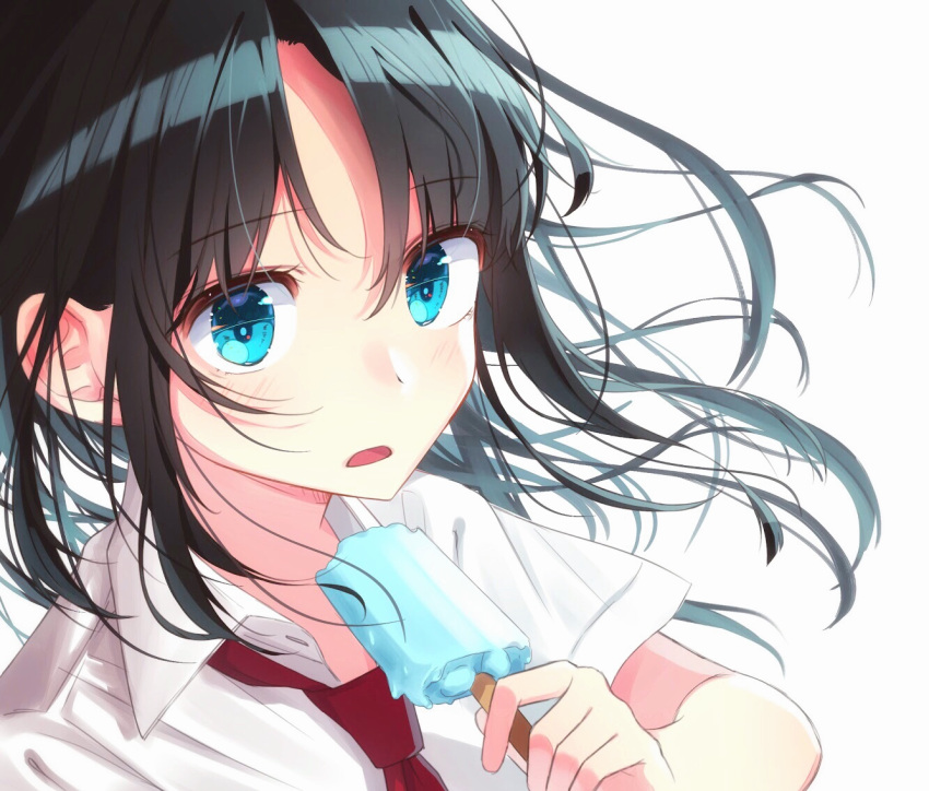 1girl bangs black_hair blue_eyes eyebrows_visible_through_hair food hami_yura holding holding_food long_hair looking_at_viewer necktie open_mouth original parted_bangs popsicle red_necktie school_uniform shirt short_sleeves simple_background solo white_background white_shirt wing_collar