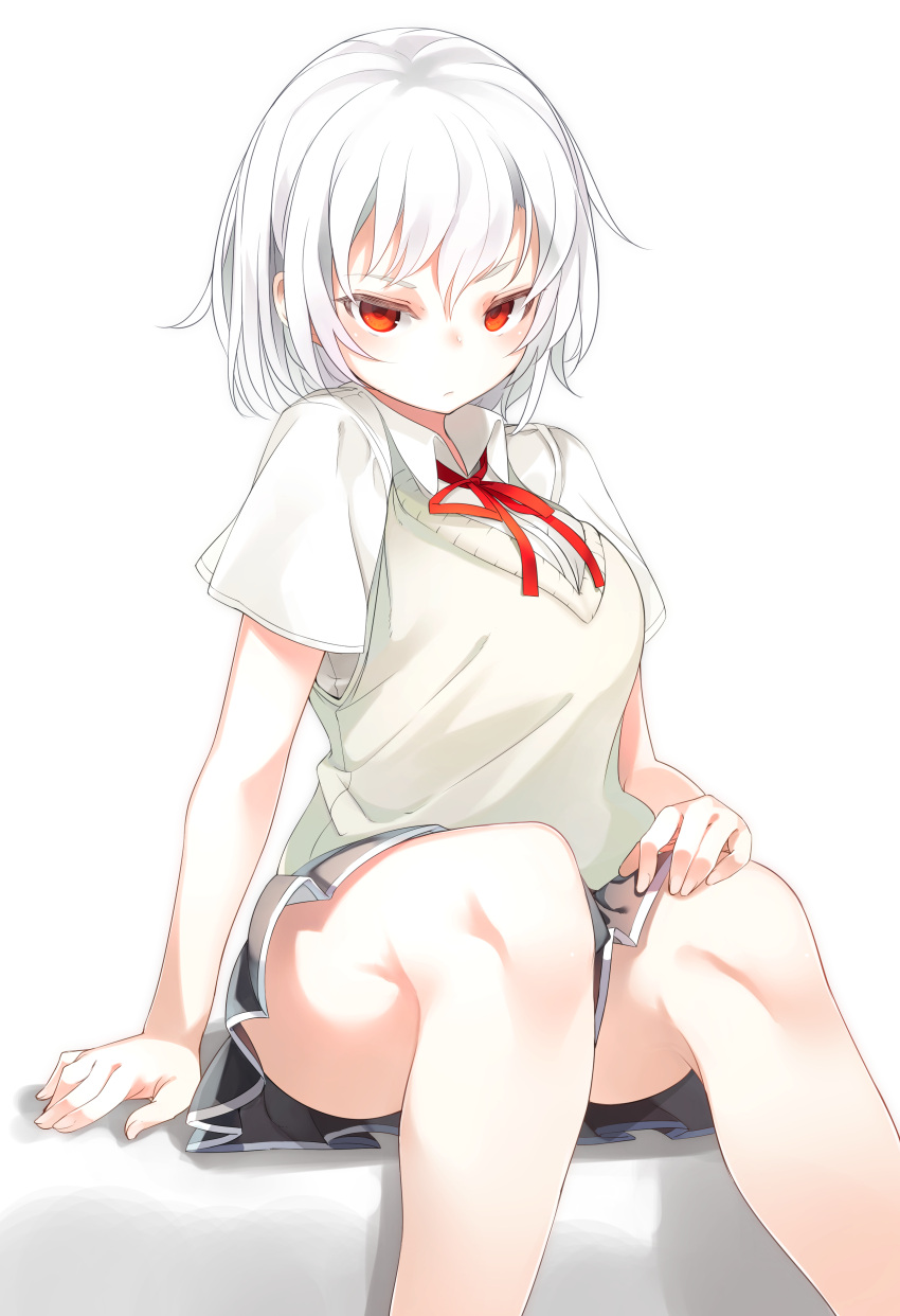 1girl absurdres akira_(tsunekichi) bangs blouse blush breasts closed_mouth commentary_request expressionless grey_skirt hair_between_eyes hand_on_own_chest highres knees large_breasts looking_at_viewer original pleated_skirt psd_available red_eyes school_uniform short_hair short_sleeves simple_background sitting skirt solo sweater_vest thighs tsunekichi tsurime white_background white_blouse white_hair