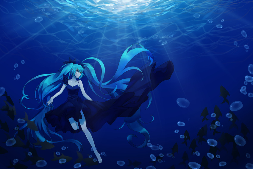 1girl absurdly_long_hair barefoot black_dress black_ribbon blue_eyes blue_hair breasts bubble cleavage collarbone dress fish floating_hair full_body hair_between_eyes hair_ribbon hatsune_miku highres long_hair lqk_jing_jia medium_breasts outdoors ribbon shinkai_shoujo_(vocaloid) sleeveless sleeveless_dress solo twintails underwater very_long_hair vocaloid