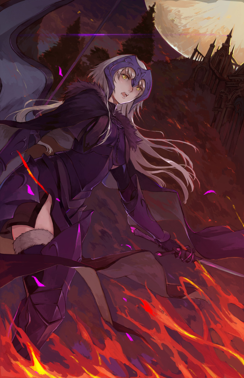 1girl absurdres armor armored_boots armored_dress black_dress black_footwear black_gloves black_legwear boots dress fate/grand_order fate_(series) floating_hair gloves highres holding holding_sword holding_weapon jeanne_alter long_hair moon outdoors ruler_(fate/apocrypha) silver_hair solo standing sword thigh-highs thigh_boots very_long_hair weapon xinuo223 yellow_eyes