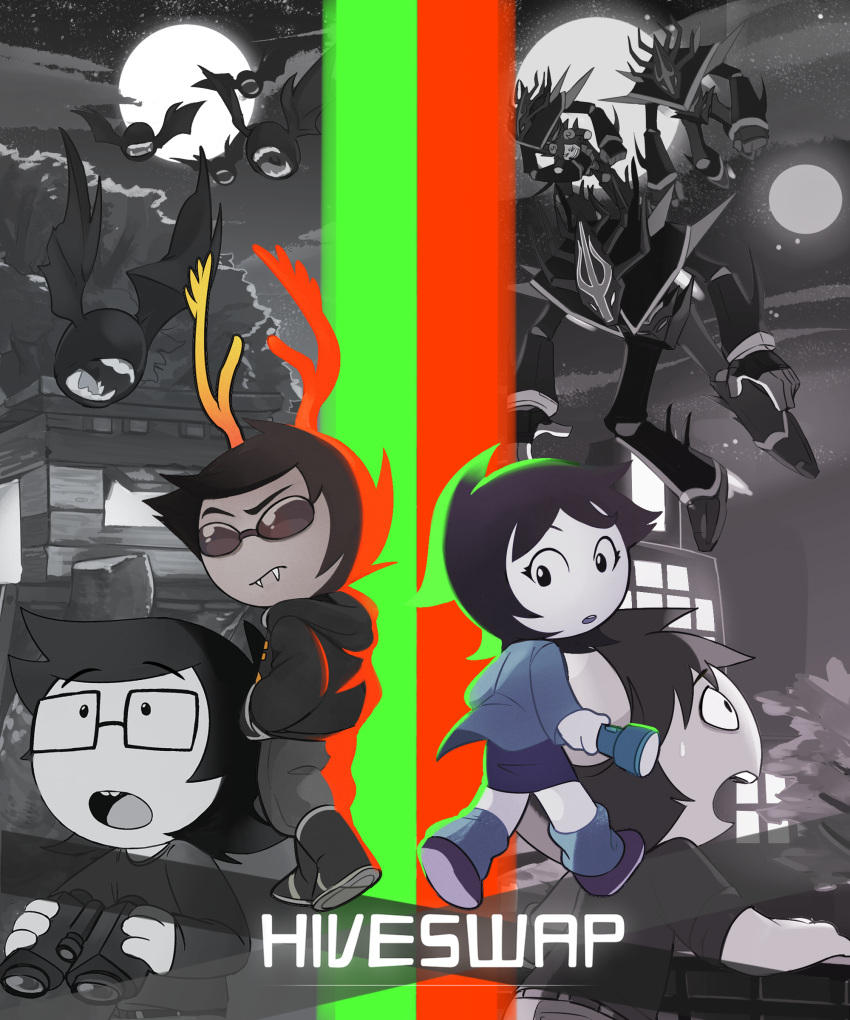 1girl 3boys absurdres binoculars buck_teeth copyright_name dammek fangs flashlight hands_in_pockets highres hiveswap homestuck hone_(honesk1) hood hoodie horns jacket joey_claire jude_harley looking_at_viewer monster moon multiple_boys skirt sleeves_rolled_up sunglasses sweatdrop tree treehouse troll_(homestuck) xefros_tritoh